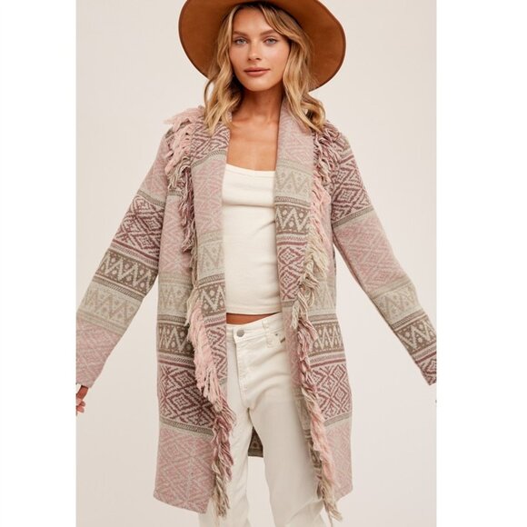 New Western Fringe Sweater Coat Southwest Boho Long Cardigan, Cowichan Vtg - Picture 4 of 10